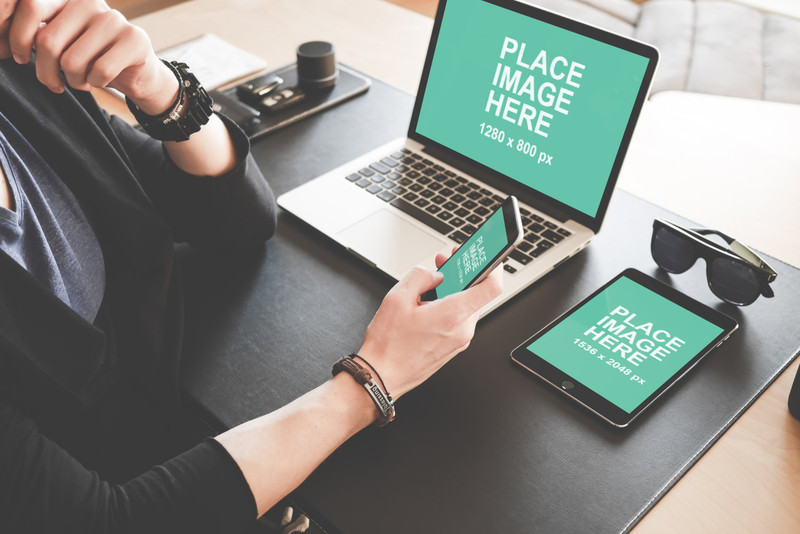 Woman using iPhone iPad MBP